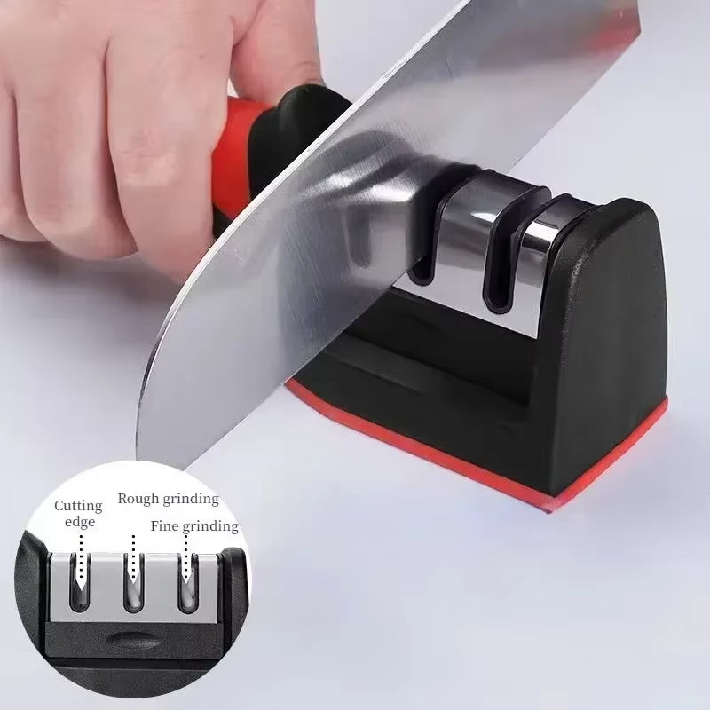 3/4 Segment Cutter Knife Sharpener Kitchen Handheld Three-Purpose Sharpening Stone Tool with Non Slip Base Kitchen Knives