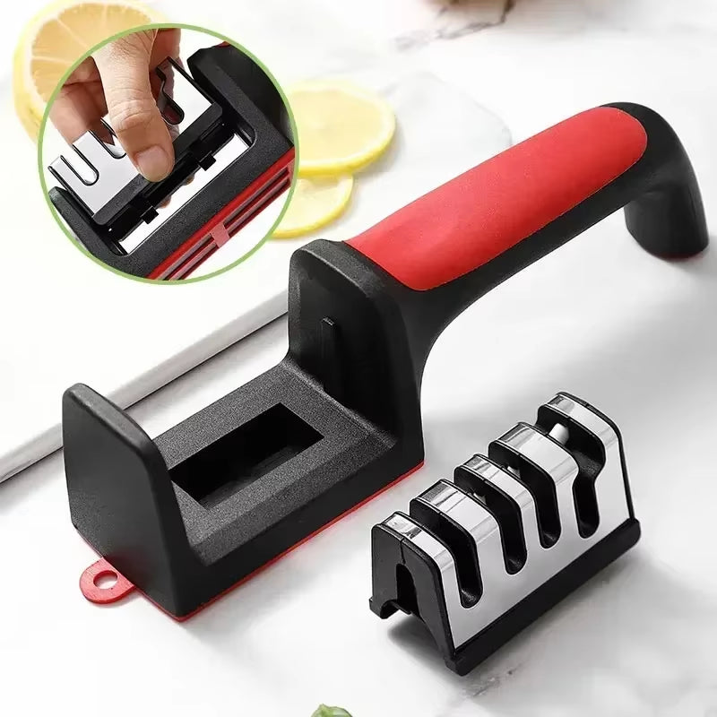 3/4 Segment Cutter Knife Sharpener Kitchen Handheld Three-Purpose Sharpening Stone Tool with Non Slip Base Kitchen Knives