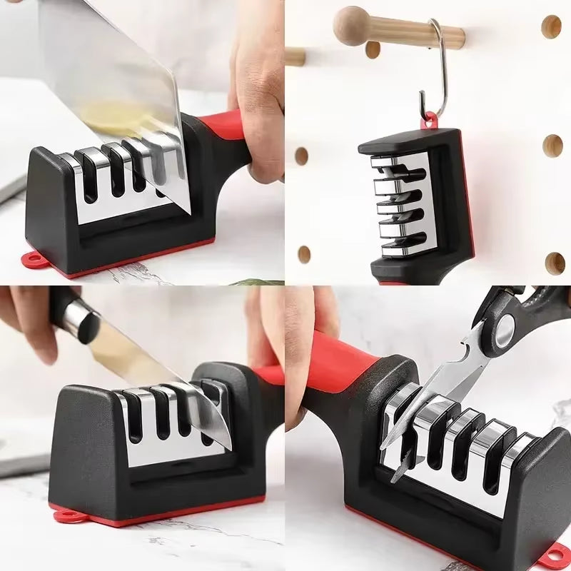 3/4 Segment Cutter Knife Sharpener Kitchen Handheld Three-Purpose Sharpening Stone Tool with Non Slip Base Kitchen Knives