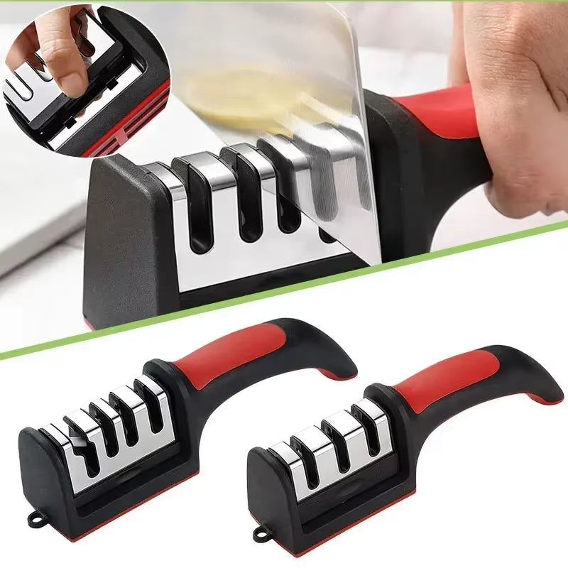 3/4 Segment Cutter Knife Sharpener Kitchen Handheld Three-Purpose Sharpening Stone Tool with Non Slip Base Kitchen Knives